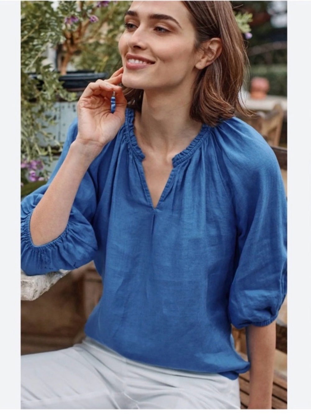 J.Jill Love Linen 100% Linen Short Sleeve Peasant Blouse Blue XS oversized